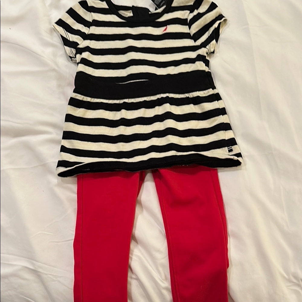 Nautica Black and White Striped Top with Red Pants Set